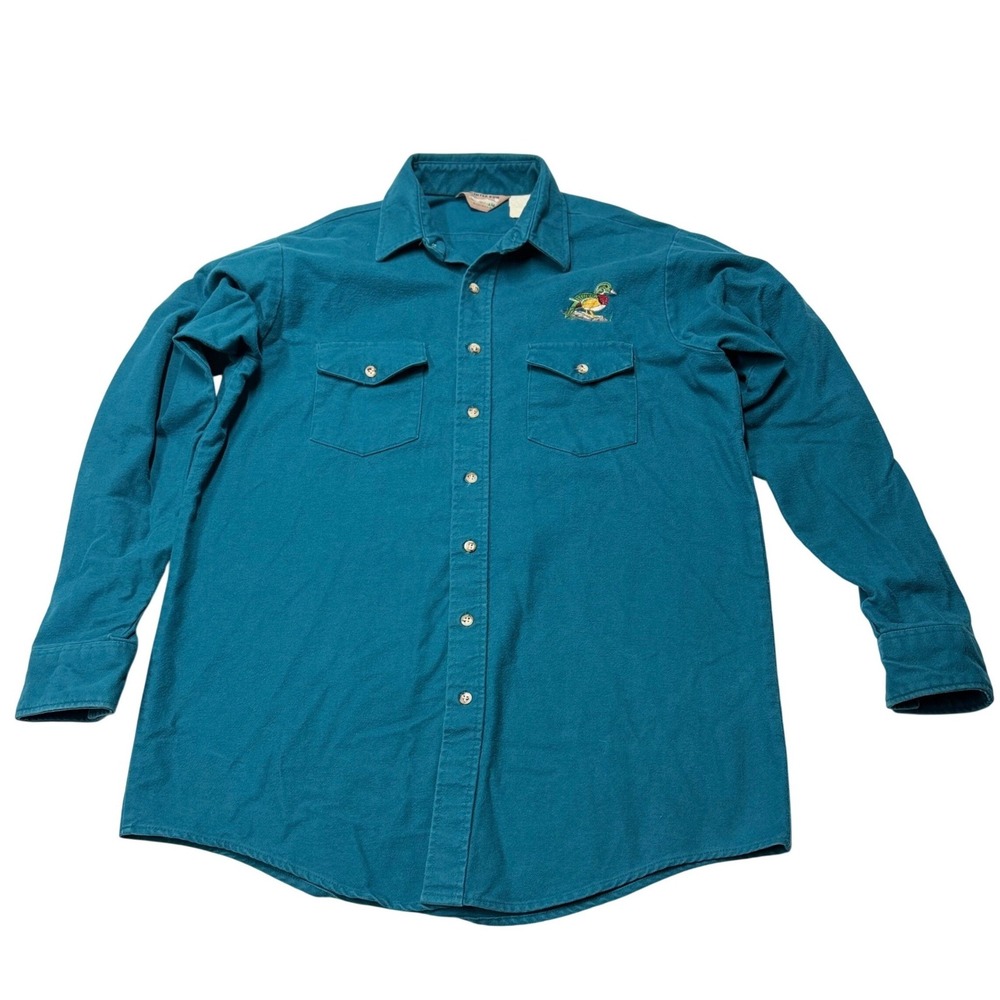Vintage Winter Run Shirt Duck Chamois Flannel Mens XL Teal Embroidered USA 90s